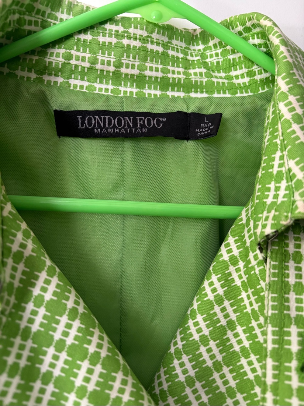 London Fog Lime Green & White Plaid Neon Bright Trench Coat Size L - HTF, EUC! - Picture 2 of 9